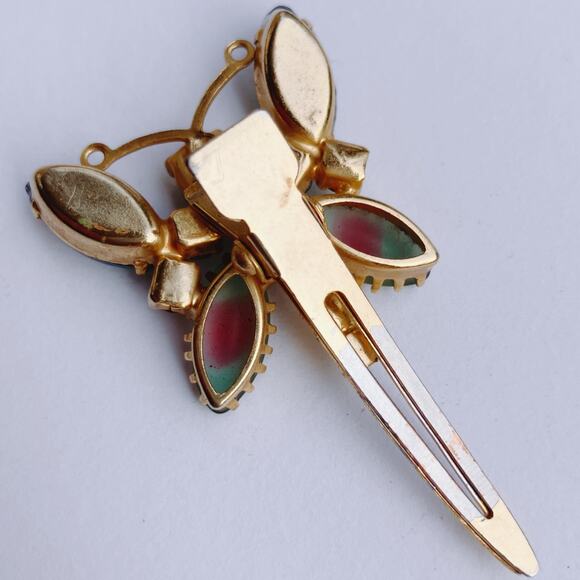 VTG 1950s Butterfly Hair Clip AB Rhinestones Frosted Molded Givre Glass Mid Cent - Picture 10 of 11